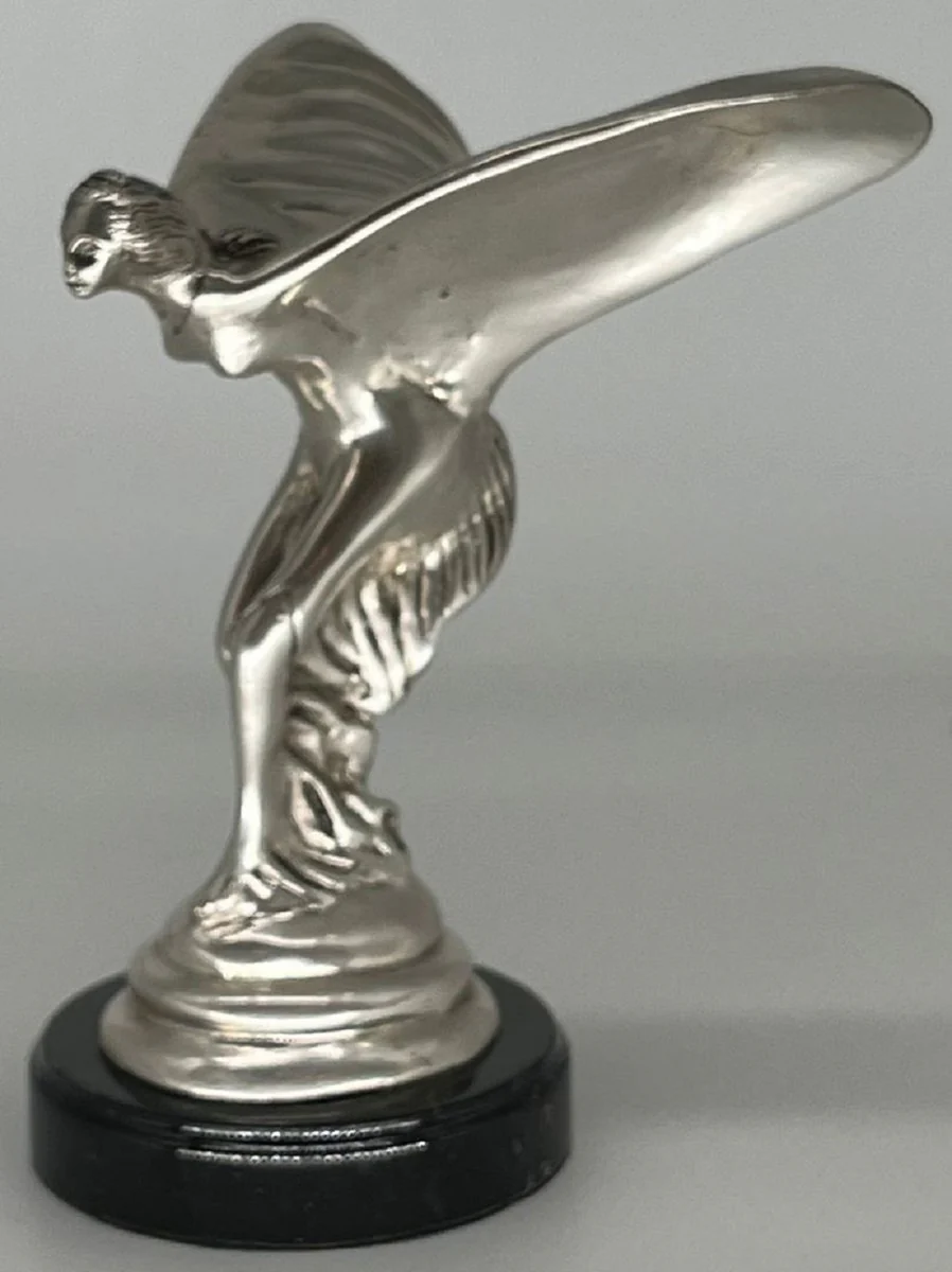 Luxus Bronze Skulptur Spirit of Ecstasy Frau mit Flügeln Silber / Schwarz 15 x 15 x H. 21 cm - Edle Bronzefigur mit Marmorsockel - Schreibtisch Deko - Luxus Deko - Deko Accessoires