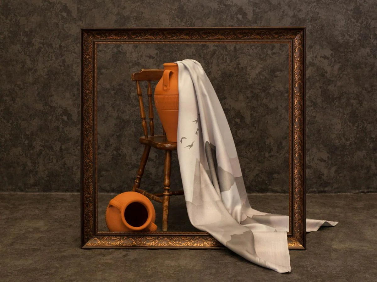 Luxus Vorhang Set Gebirge mit See Grau 250 x H. 290 cm - Bedruckte Leinen & Samt Vorhänge - Ösenvorhänge - Schiebevorhänge - Edle Wohnzimmer Schlafzimmer Vorhänge