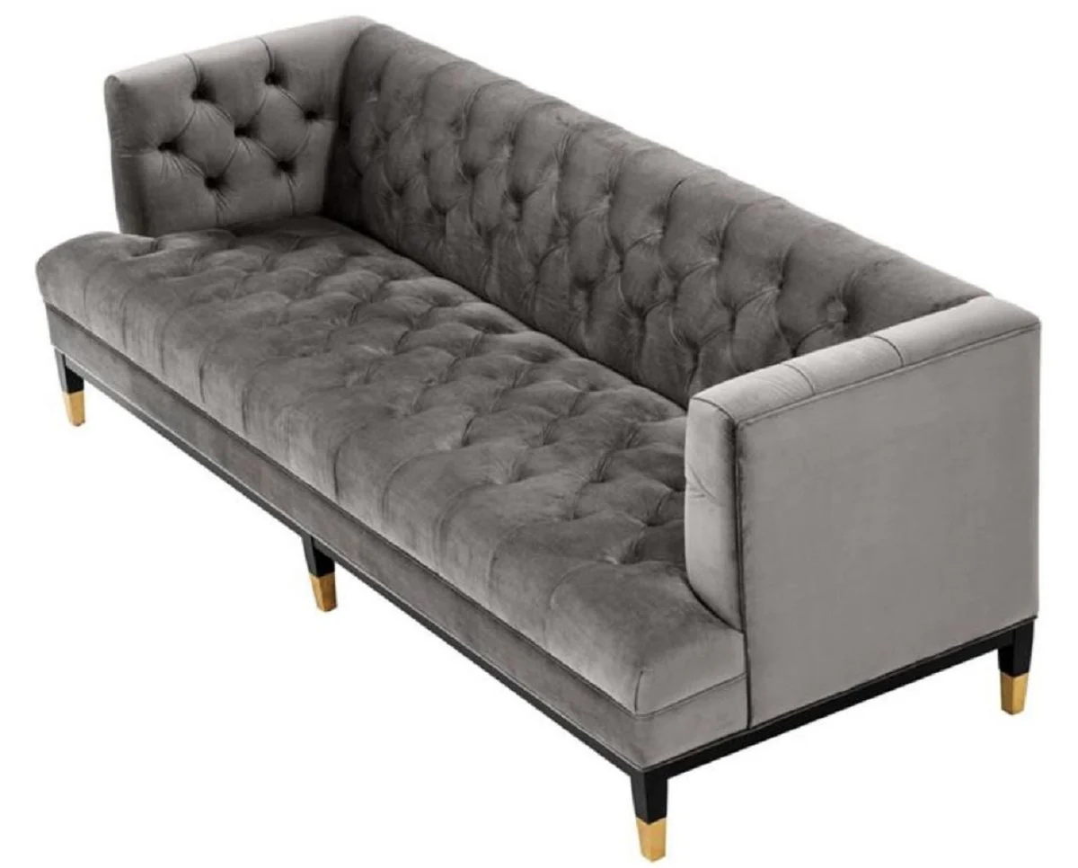 Luxus Wohnzimmer Sofa Grau / Schwarz / Messingfarben 230 x 85 x H. 79 cm - Chesterfield Samtsofa