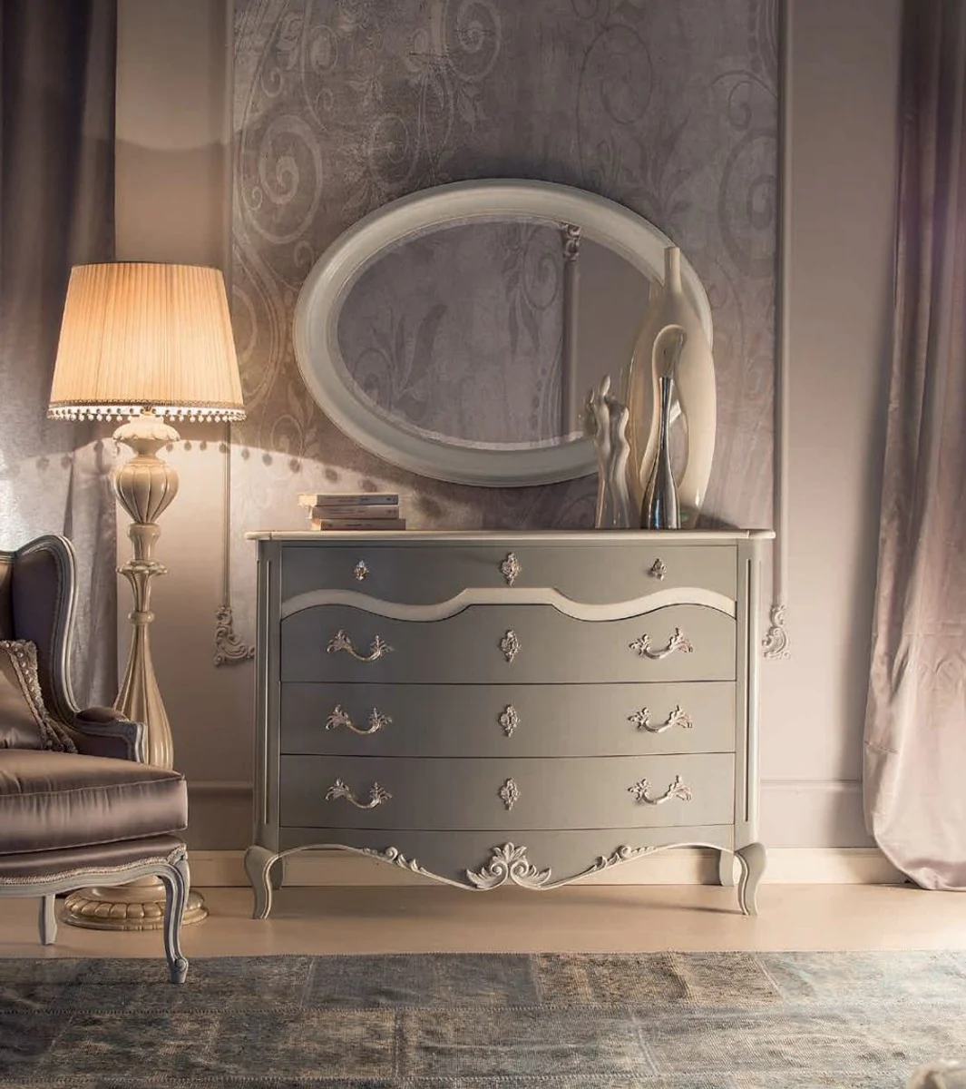 Luxus Barock Kommode Grau / Weiß - Handgefertigte Massivholz Kommode mit 4 Schubladen - Barockstil Schlafzimmer Möbel - Barock Möbel - Luxus Qualität - Made in Italy