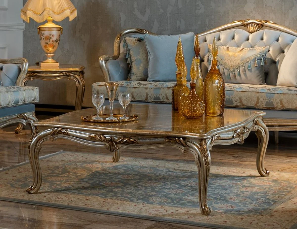 Luxus Barock Couchtisch Silber / Gold - Handgefertigter Massivholz Wohnzimmertisch - Barock Wohnzimmer Möbel