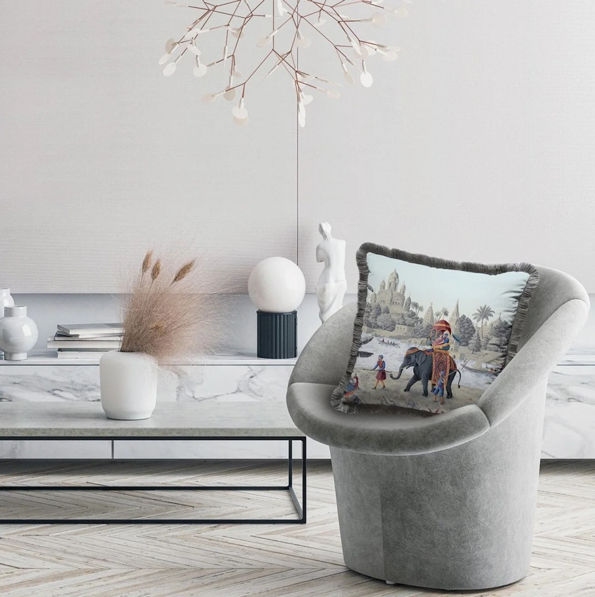 Luxus Deko Kissen Palast Mehrfarbig / Grau 45 x 45 cm - Bedrucktes Samt Kissen mit Fransen - Luxus Deko Accessoires