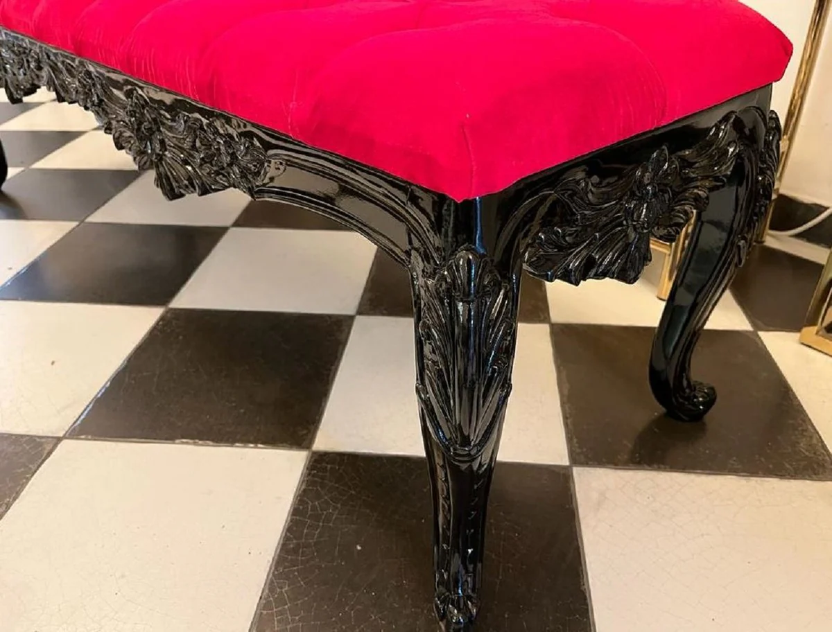 Barock Sitzbank Rot / Schwarz - Gepolsterte Massivholz Bank mit edlem Samtstoff und Glitzersteinen - Handgefertigte Barock Möbel - Edel & Prunkvoll