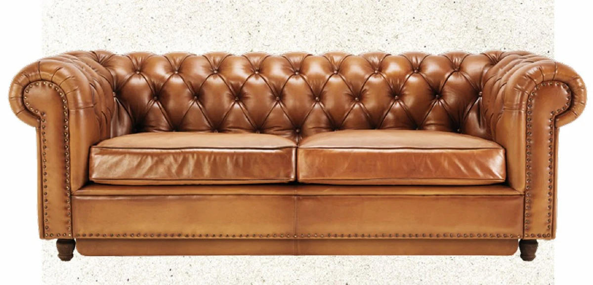 Luxus Chesterfield Echtleder Schlafsofa Hellbraun / Braun 220 cm - Echtleder Möbel
