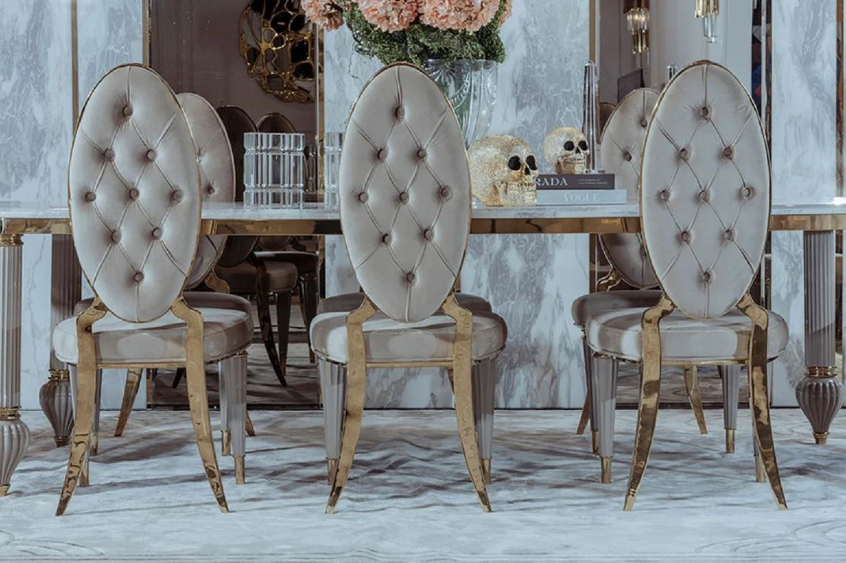 Luxus Art Deco Esszimmer Set Grau / Weiß / Gold - 1 Art Deco Esstisch mit Kunstmarmor Tischplatte & 8 Art Deco Esszimmerstühle - Prunkvolle Art Deco Esszimmer Möbel - Luxus Qualität