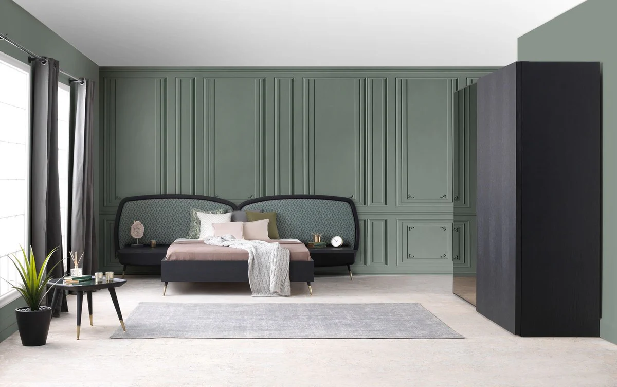 Luxus Schlafzimmerschrank Schwarz 260 x 70 x H. 228 cm - Beleuchteter Massivholz Kleiderschrank mit 2 Schiebetüren - Schlafzimmer Möbel - Hotel Möbel - Luxus Möbel