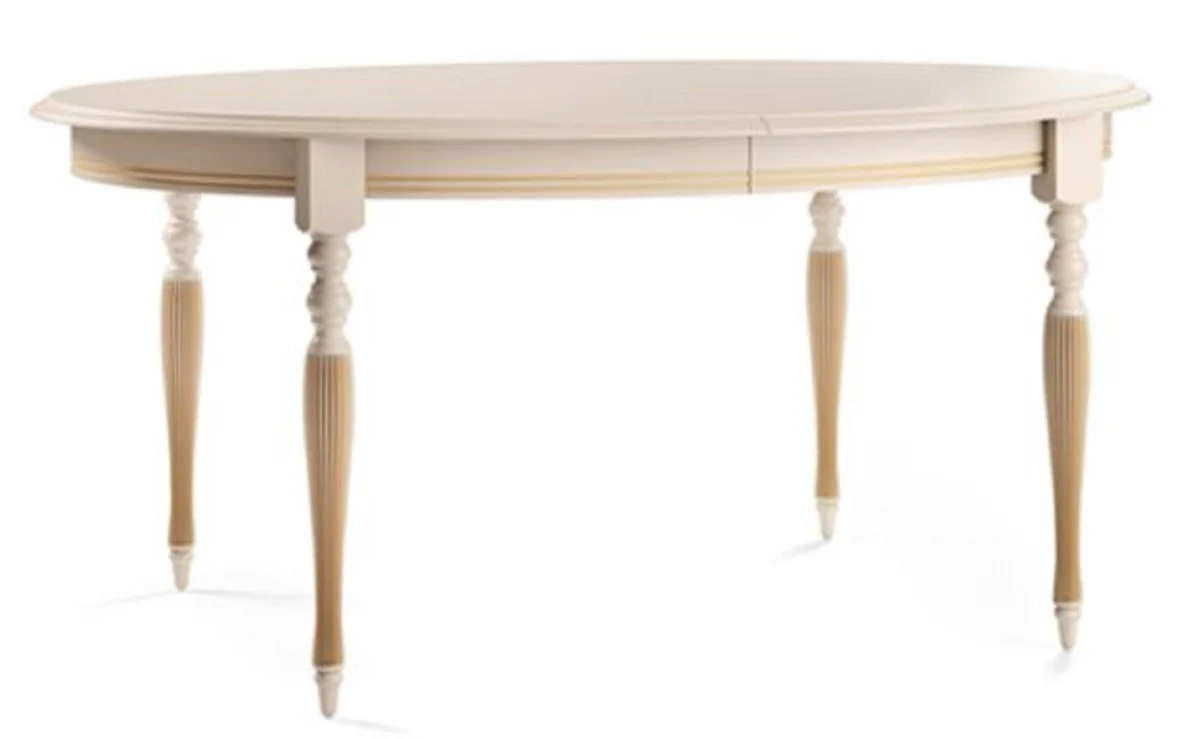 Luxus Barock Esstisch Cremefarben / Gold 160-360 x 110 x H. 77,5 cm - Ovaler Ausziehbarer Massivholz Esszimmertisch - Barock Esszimmer Möbel