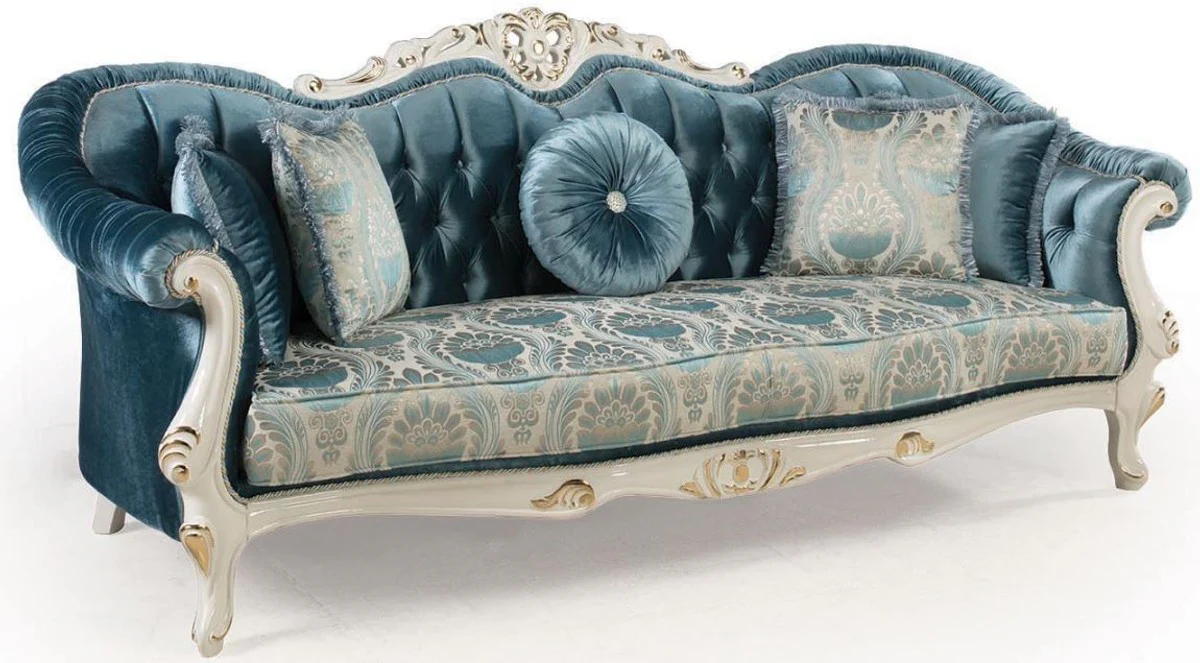 Luxus Barock Wohnzimmer Sofa mit Kissen Blau / Weiß / Gold 240 x 87 x H. 99 cm - Barock Möbel - Edel & Prunkvoll