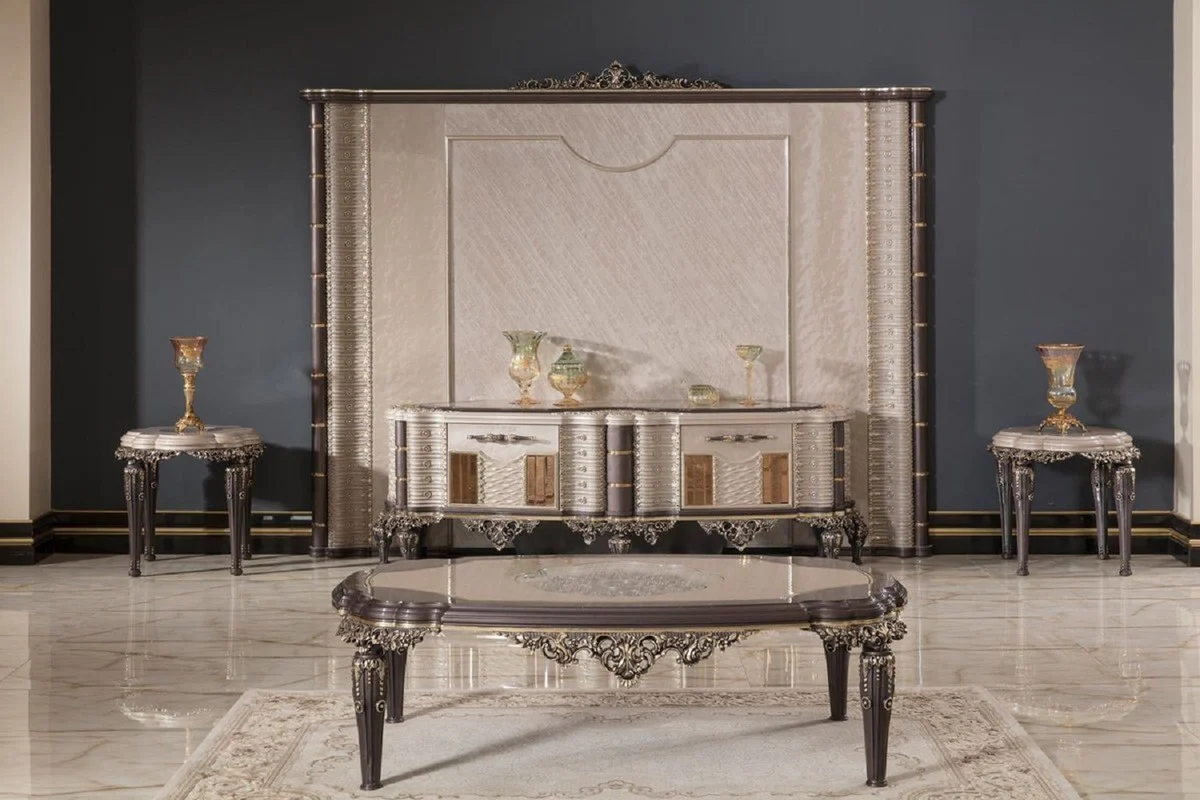 Luxus Barock Couchtisch Grau / Braun / Gold 120 cm - Barockstil Wohnzimmer Möbel