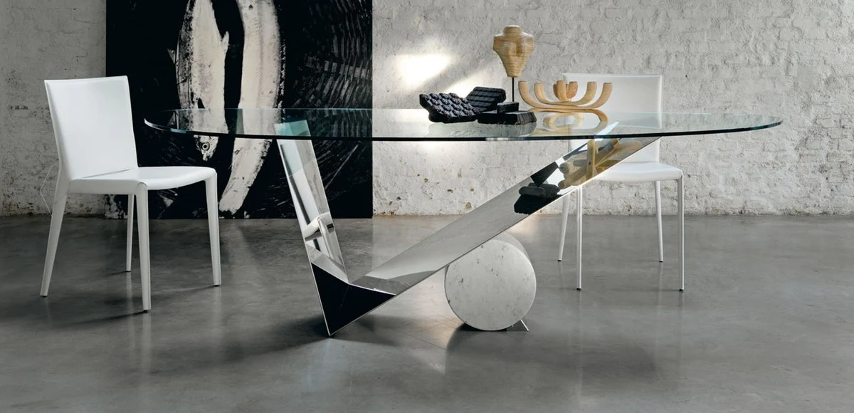 Designer Esstisch Silber / Weiß 240 x 115 x H. 75 cm - Esszimmertisch mit Glasplatte - Moderne Esszimmer Möbel - Luxus Kollektion