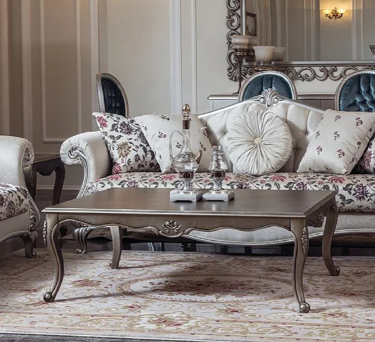 Luxus Barock Couchtisch Silber 126 x 90 x H. 45 cm - Rechteckiger Massivholz Wohnzimmertisch im Barockstil - Barock Wohnzimmer Möbel