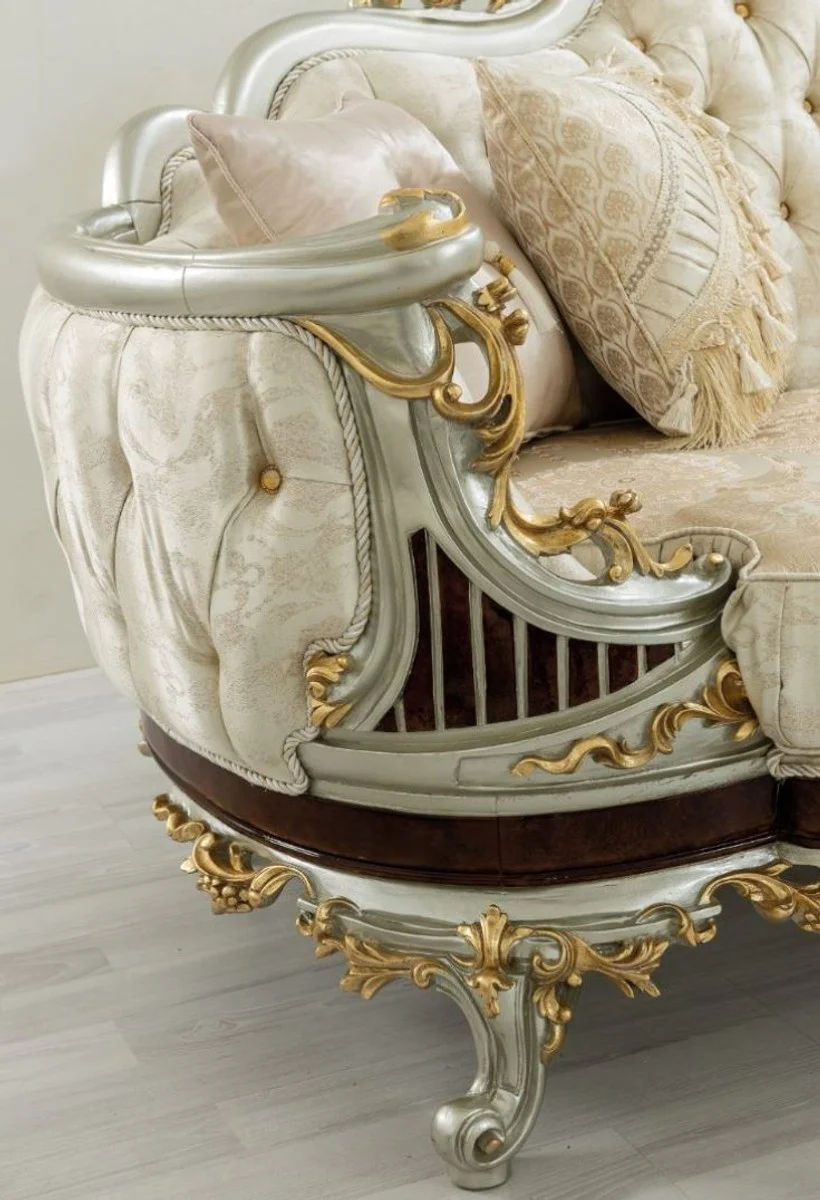 Luxus Barock Wohnzimmer Set Creme / Beige / Dunkelbraun / Silber / Gold - 2 Sofas & 2 Sessel & 1 Couchtisch - Wohnzimmermöbel im Barockstil - Edel & Prunkvoll