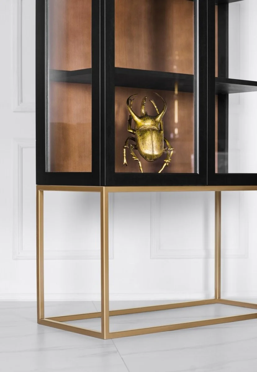 Luxus Glas Vitrine Schwarz / Messing Gold 200 x 90 cm - Luxus Boutique Vitrinenschrank - Neoklassisch