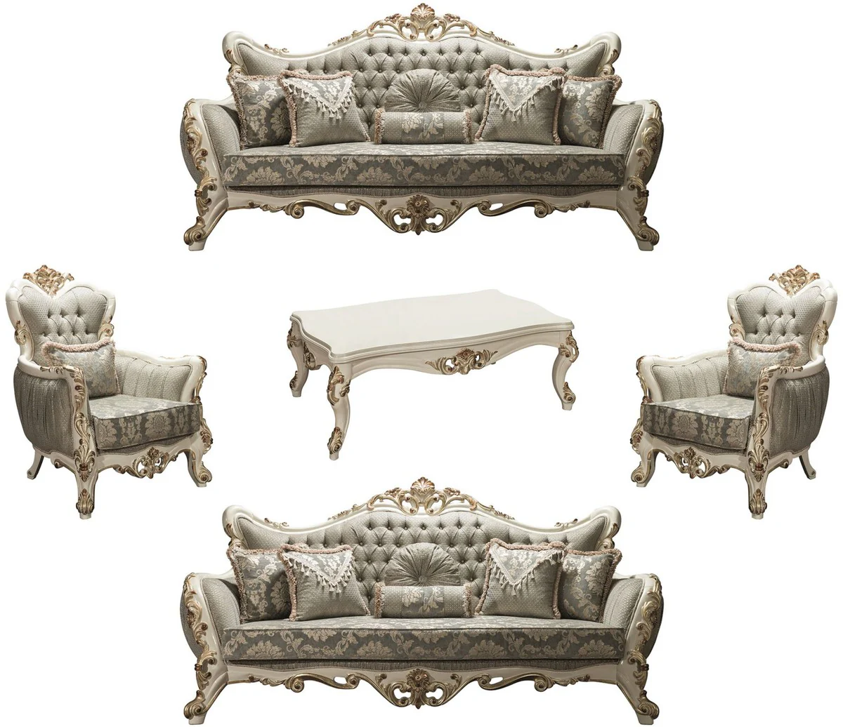 Luxus Barock Wohnzimmer Set Grau / Weiß / Gold - 2 Sofas & 2 Sessel & 1 Couchtisch - Barockstil Möbel - Edel & Prunkvoll
