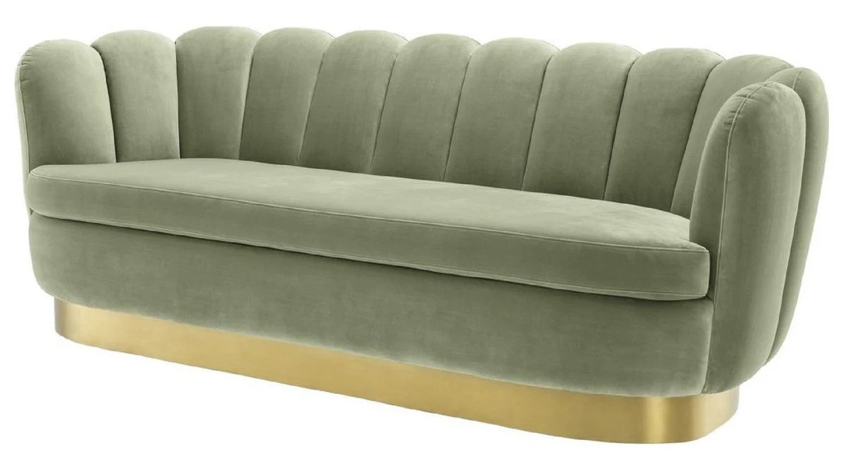 Luxus Samt Sofa Pistaziengrün / Messingfarben 225 x 90 x H. 80 cm - Wohnzimmer Sofa - Luxus Qualität
