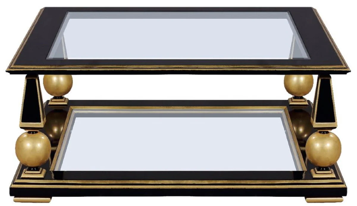 Luxus Art Deco Couchtisch Schwarz / Gold 113 x 113 x H. 47 cm - Prunkvoller Massivholz Wohnzimmertisch mit Glasplatten - Art Deco Wohnzimmer Möbel