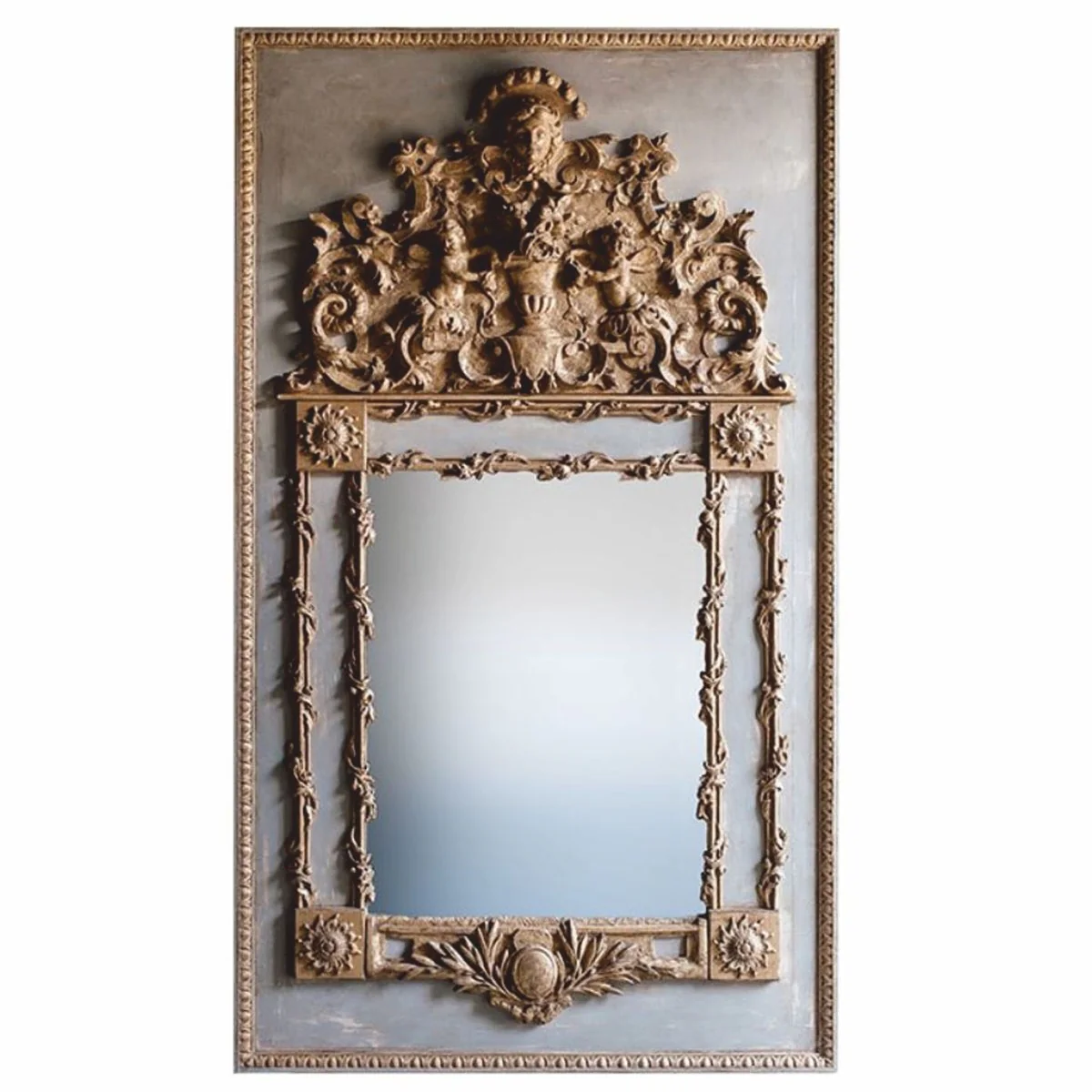 Luxus Barock Spiegel Grau / Antik Gold H. 187 cm - Made in Italy