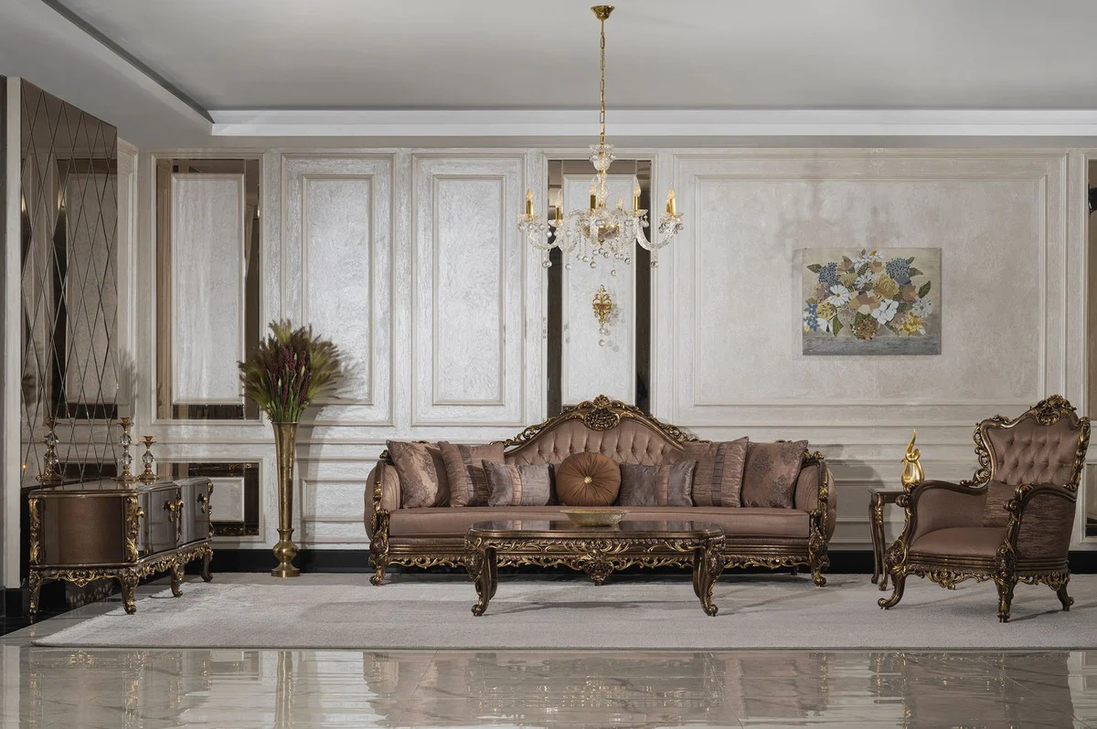 Luxus Barock Couchtisch Grau / Braun / Gold - Handgefertigter Massivholz Wohnzimmertisch im Barockstil - Wohnzimmer Möbel im Barockstil - Barock Möbel - Edel & Prunkvoll