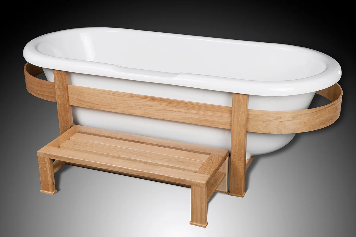 Luxus Retro Badewanne Weiß / Naturfarben 178 x 76 x H. 73 cm - Freistehende Badewanne mit Holzrahmen und Stufe - Retro Badezimmer Möbel