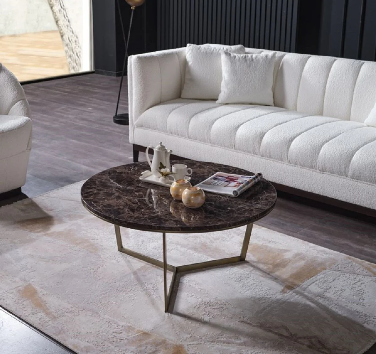 Luxus Couchtisch Schwarz / Messing Ø 90 x H. 41 cm - Runder Wohnzimmertisch mit Kunstmarmor Tischplatte - Wohnzimmer Möbel - Hotel Möbel - Luxus Möbel