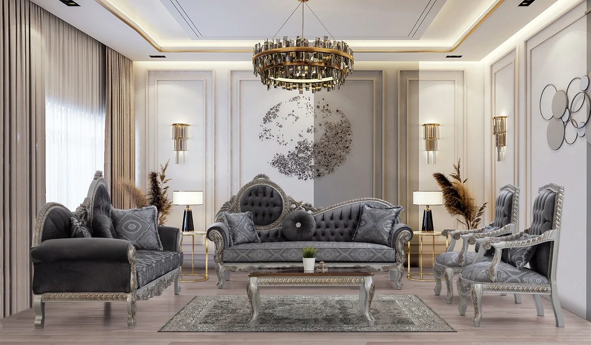 Luxus Barock Sofa Grau / Blau / Silber / Bronze 230 x 90 x H. 135 cm - Prunkvolles Massivholz Wohnzimmer Sofa mit elegantem Muster und dekorativen Kissen - Barock Wohnzimmer Möbel