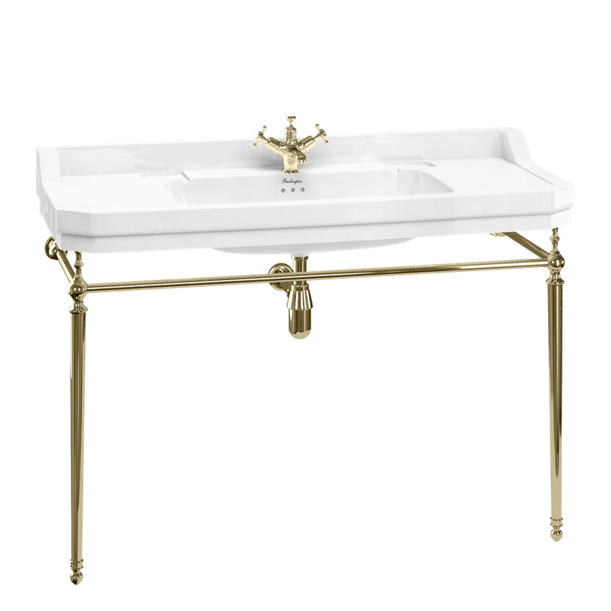 Luxus Jugendstil Waschtisch Weiß / Gold 121 x 51 x H. 90 cm - Porzellan 1-Loch Stand Waschbecken mit Untergestell - Badezimmer Möbel