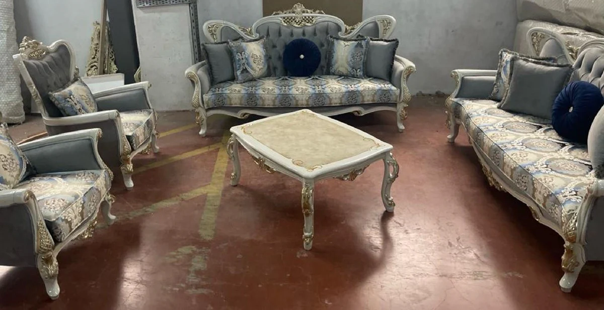 Luxus Barock Sofa Grau / Mehrfarbig / Weiß / Gold - Handgefertigtes Wohnzimmer Sofa mit elegantem Muster - Barock Wohnzimmer Möbel - Edel & Prunkvoll