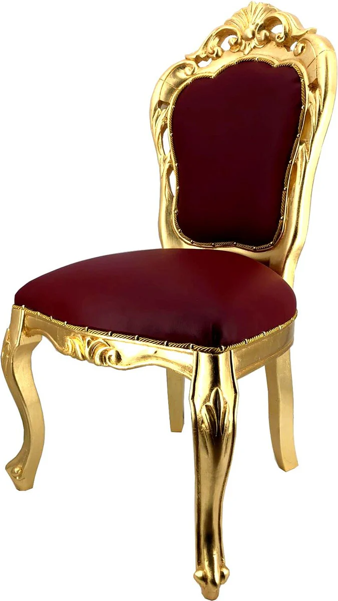Luxus Barock Esszimmer Stuhl Bordeaux Rot Lederoptik / Gold - Designer Barock Stuhl - Luxus Qualität