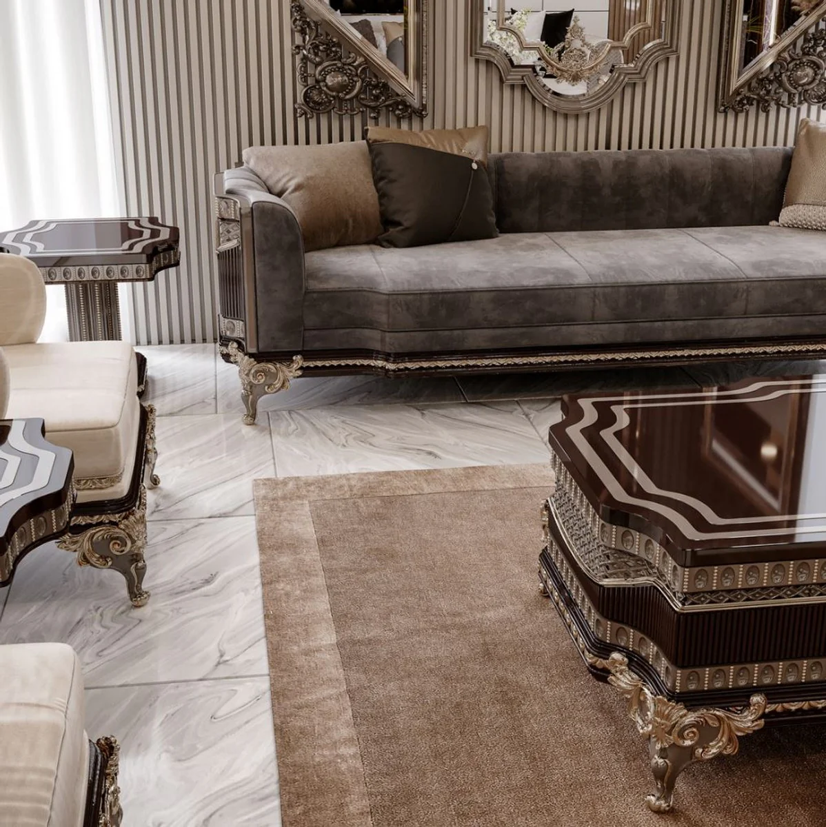 Luxus Barock Sofa Grau / Dunkelbraun / Gold 265 cm