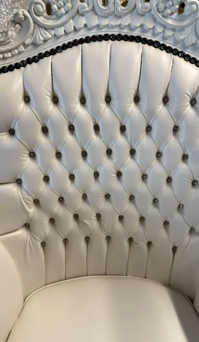 Barock Kunstleder Sessel Al Capone mit Glitzersteinen Weiß H. 128 cm