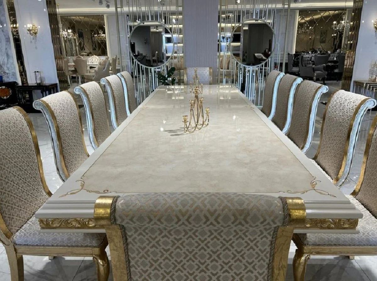 Luxus Barock Esstisch Creme / Weiß / Gold 700 cm - Riesiger Massivholz Esszimmertisch - Esszimmer Möbel im Barockstil - Barock Möbel - Barock Einrichtung - Edel & Prunkvoll