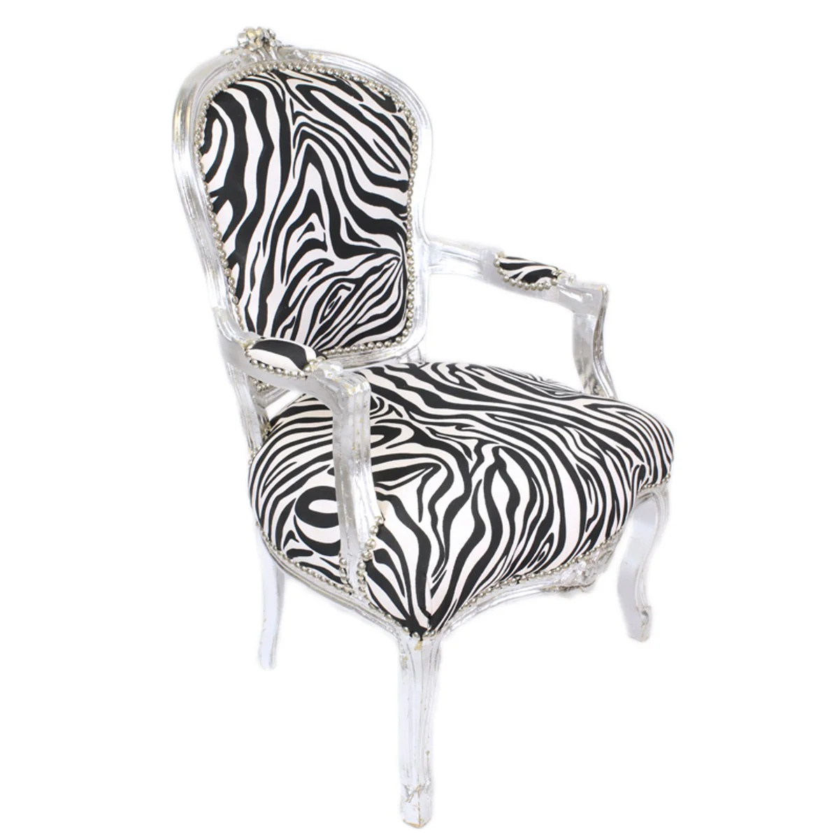 Barock Salon Stuhl Zebra / Silber mit Armlehnen - Barockmöbel