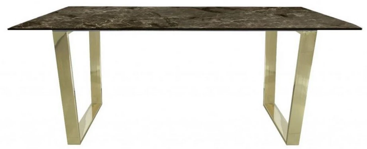 Luxus Esstisch Braun / Gold 180 x 90 x H. 75 cm - Rechteckiger Esszimmertisch mit synthetischer Marmorplatte und Stahlbeinen - Esszimmer Möbel