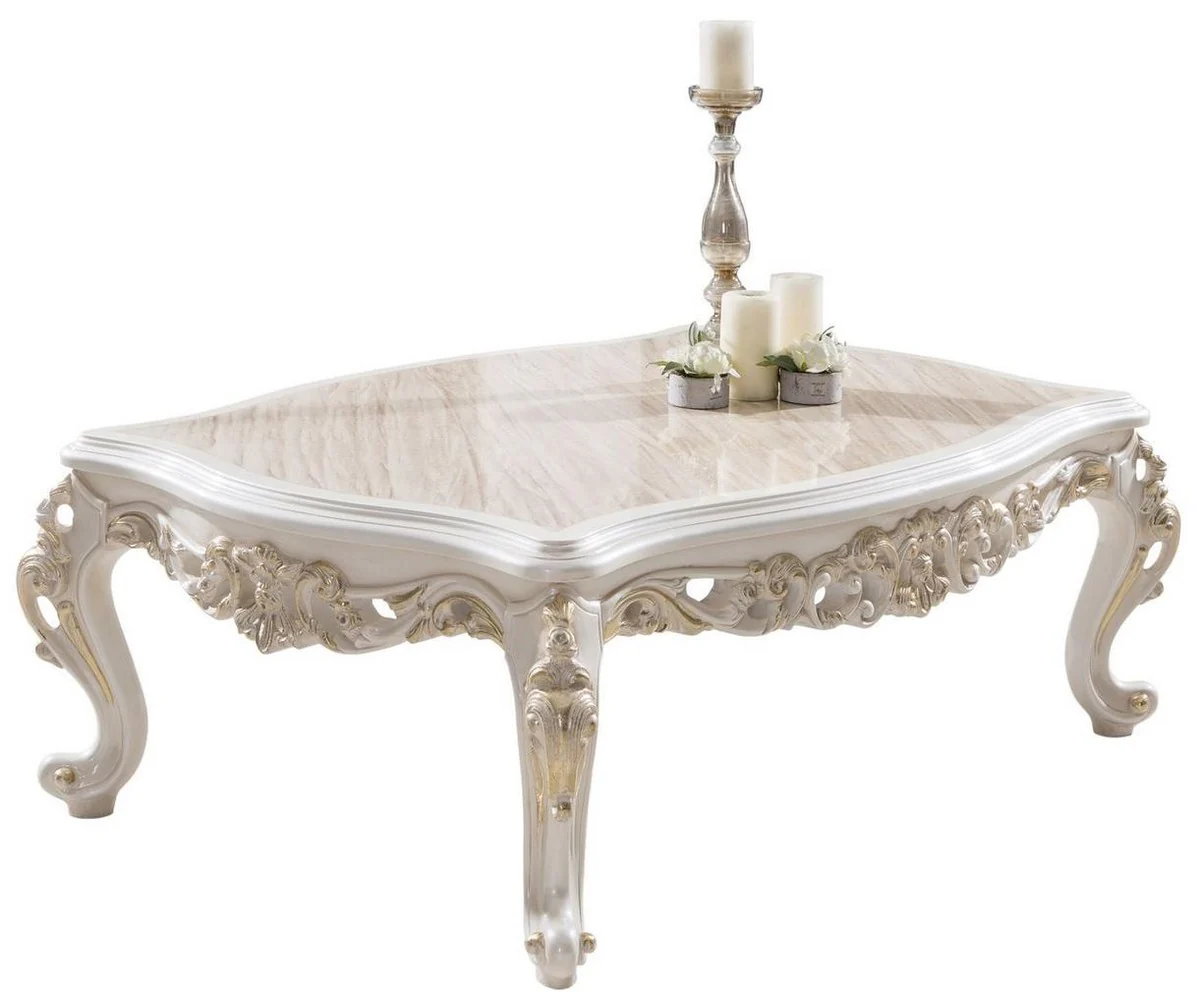 Luxus Barock Couchtisch Braun / Weiß / Gold 125 x 87 x H. 48 cm - Rechteckiger Massivholz Wohnzimmertisch im Barockstil - Edle Barock Wohnzimmer Möbel