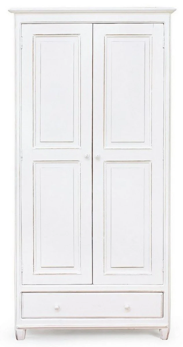 Landhausstil Schlafzimmerschrank Antik Weiß 90 x 55 x H. 190 cm - Massivholz Kleiderschrank mit 2 Türen und Schublade - Massivholz Schlafzimmer Möbel im Landhausstil