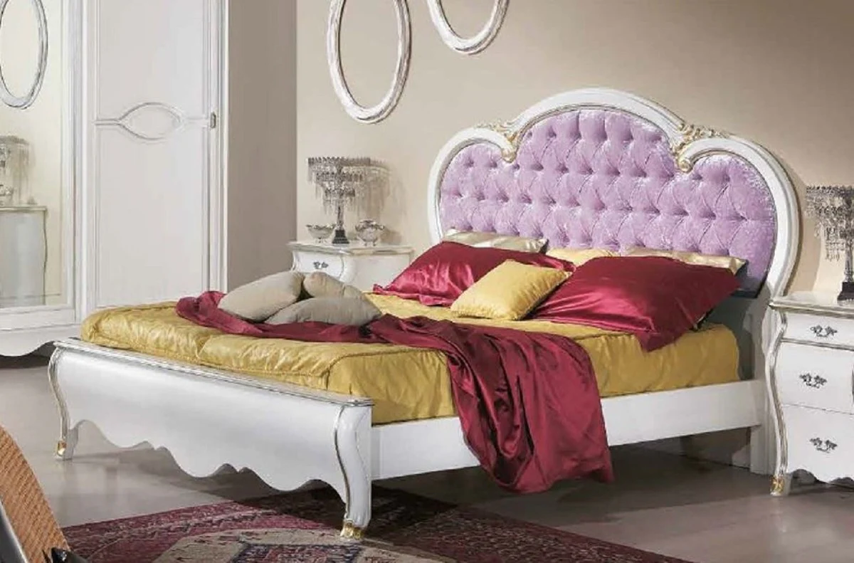 Luxus Barock Doppelbett Lila / Weiß / Gold - Prunkvolles Massivholz Bett im Barockstil - Barock Schlafzimmer & Hotel Möbel - Luxus Qualität - Made in Italy