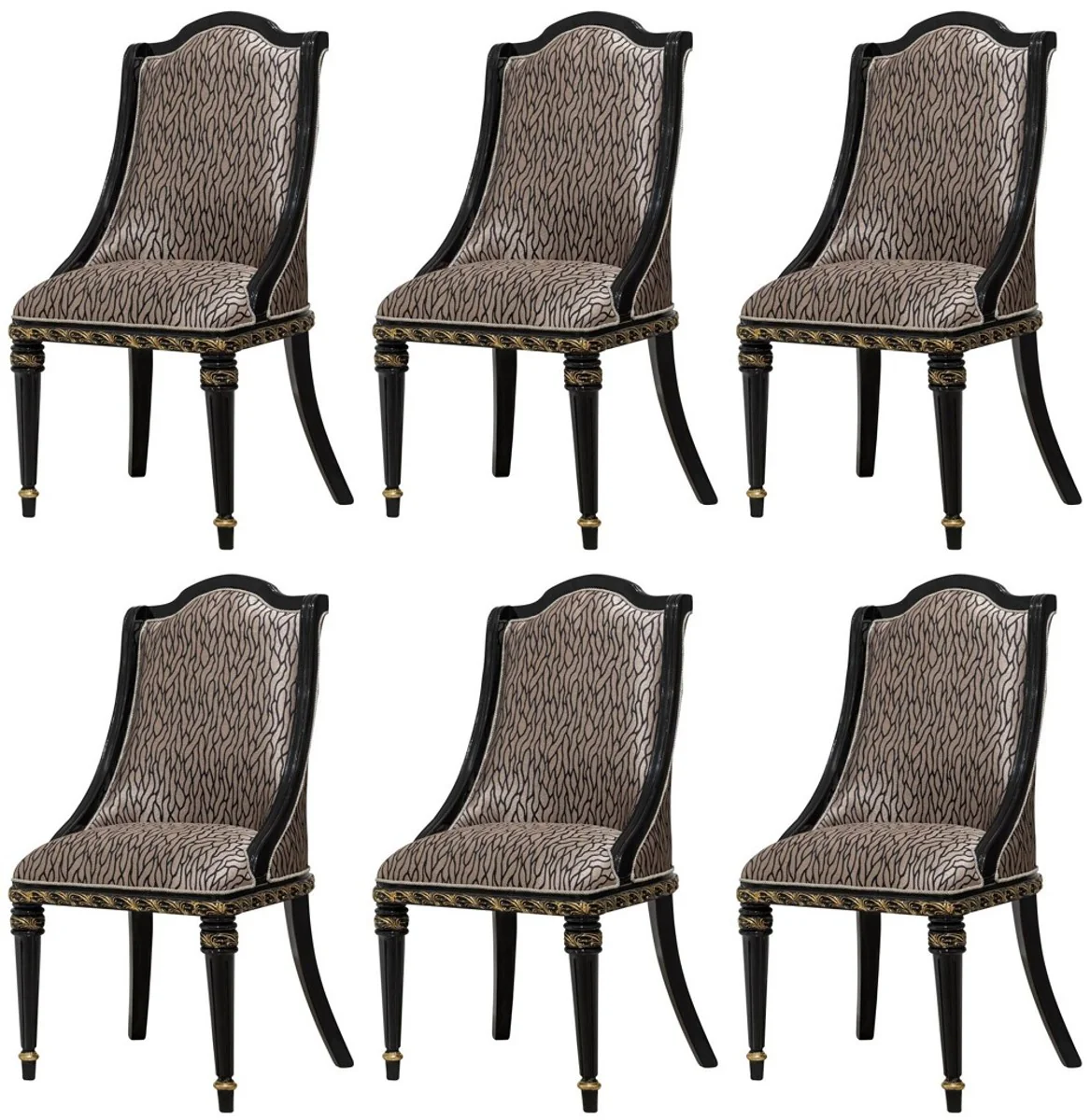 Luxus Barock Esszimmer Stuhl 6er Set Silber Muster / Schwarz / Gold - Prunkvolle Barockstil Küchen Stühle - Luxus Barockstil Esszimmer Möbel - Barock Esszimmer Möbel - Barockstil Möbel