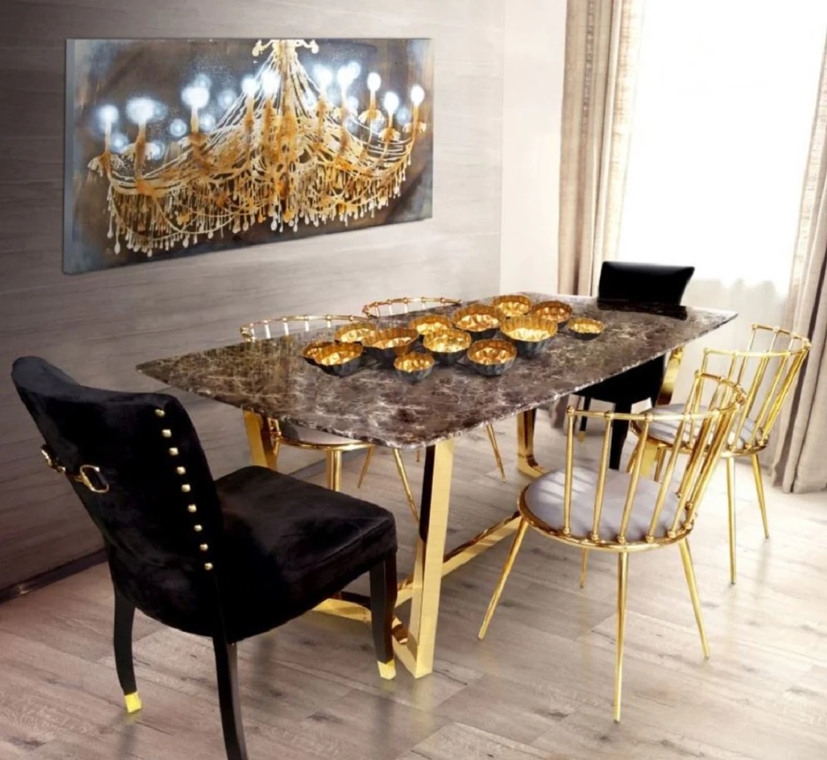 Luxus Esstisch Braun / Gold 200 x 100 x H. 75 cm - Esszimmer Tisch mit Kunstmarmor Tischplatte - Esszimmer Möbel - Luxus Möbel - Luxus Einrichtung