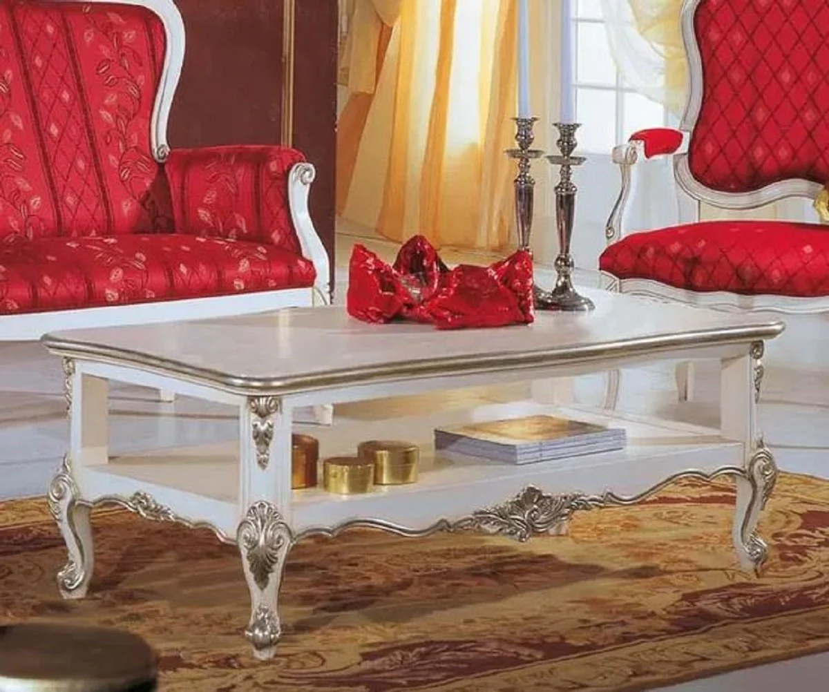 Luxus Barock Couchtisch Weiß / Silber - Edler Wohnzimmertisch im Barockstil - Barock Wohnzimmer Möbel - Luxus Qualität - Made in Italy