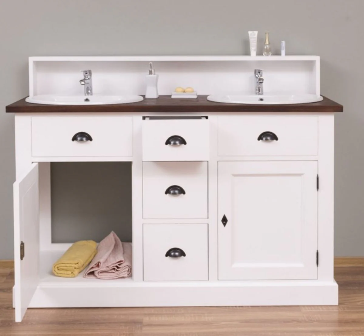 Landhausstil Doppelwaschtisch Weiß / Dunkelbraun 147 x 51 x H. 110 cm - Massivholz Waschbeckenschrank - Badezimmer Möbel im Landhausstil