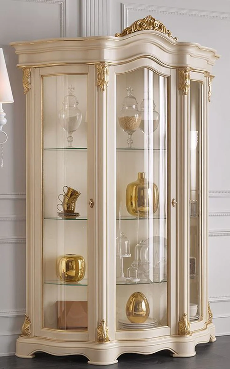 Luxus Barock Wohnzimmer Vitrine Creme / Gold 155 x 54 x H. 227 cm - Prunkvoller Barock Vitrinenschrank mit 3 Glastüren - Edle Barock Möbel