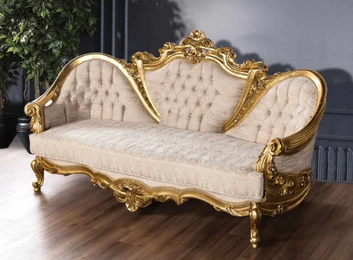 Luxus Barock Sofa Cremefarben / Gold - Prunkvolles Wohnzimmer Sofa mit Muster - Barock Wohnzimmer Möbel - Edel & Prunkvoll