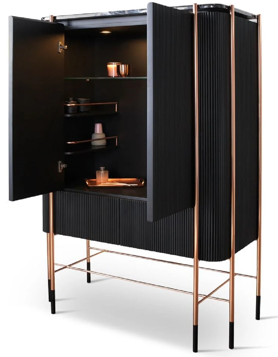 Luxus Barschrank Schwarz / Matt Schwarz / Kupfer 104 x 52 x H. 150 cm - Beleuchteter Weinschrank mit 2 Türen - Wohnzimmer Möbel - Bar Möbel - Hotel Möbel - Luxus Kollektion
