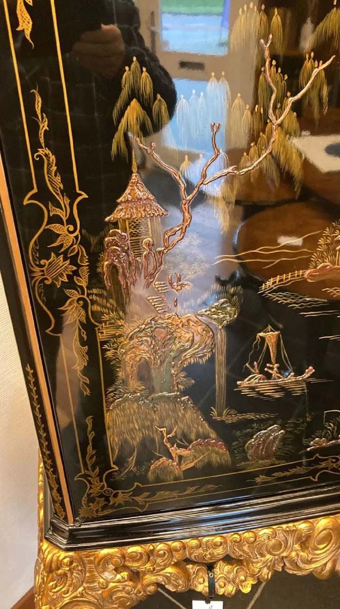 Luxus Barock Barschrank Schwarz / Mehrfarbig / Gold - Prunkvoller Massivholz Schrank mit LED Beleuchtung - Barock Wohnzimmer Möbel - Barock Bar Möbel - Barock Hotel Möbel