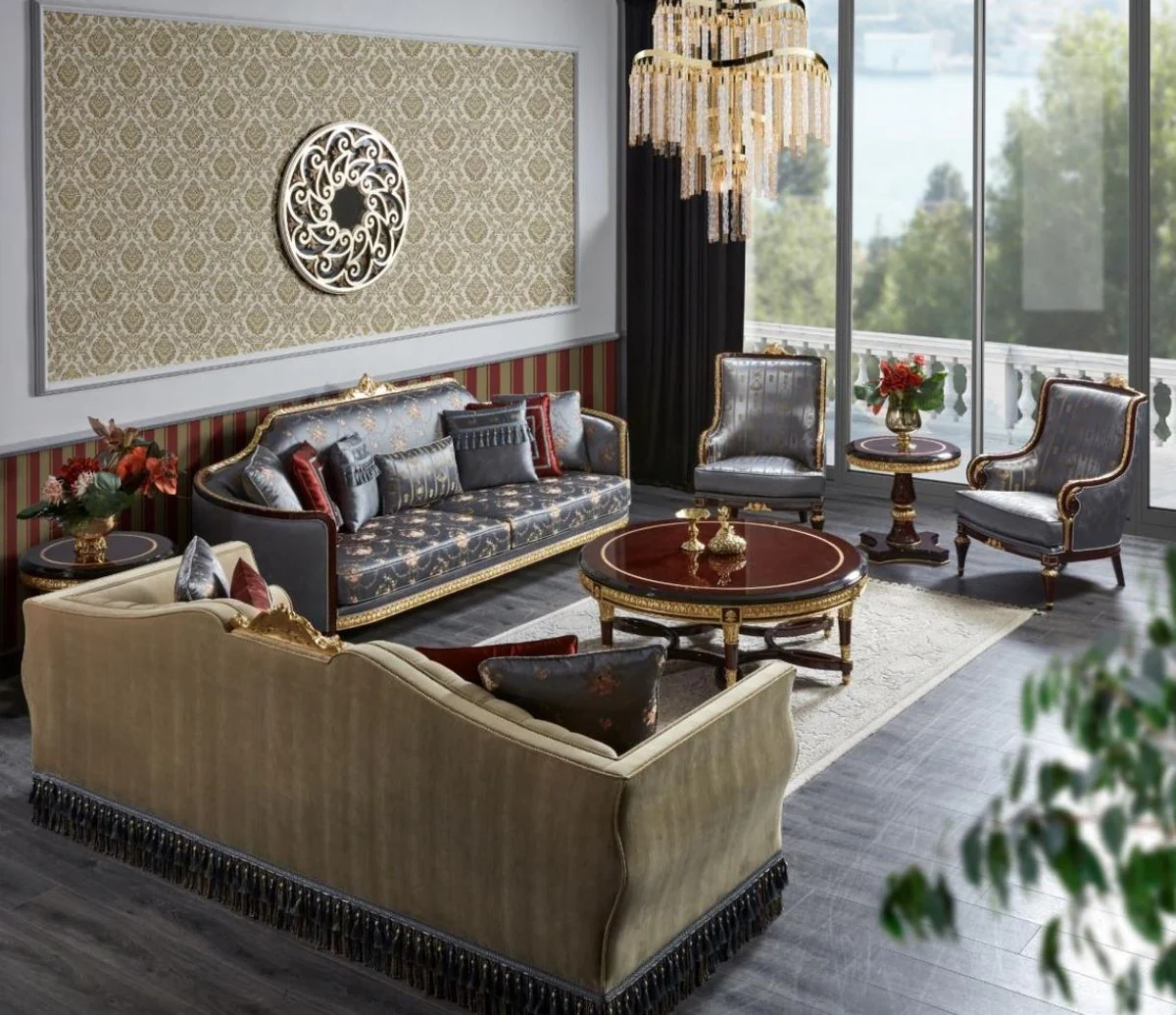 Luxus Barock Sofa Beige / Blau - Prunkvolles Wohnzimmer Sofa - Barockstil Wohnzimmer Möbel - Luxus Möbel im Barockstil - Barock Einrichtung - Edel & Prunkvoll