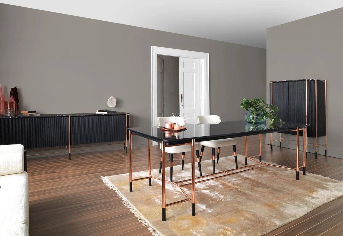 Luxus Esstisch Schwarz / Kupfer 240 x 100 x H. 75 cm - Rechteckiger Esszimmertisch mit Marmorplatte - Esszimmer Möbel - Luxus Möbel - Luxus Esszimmer Einrichtung