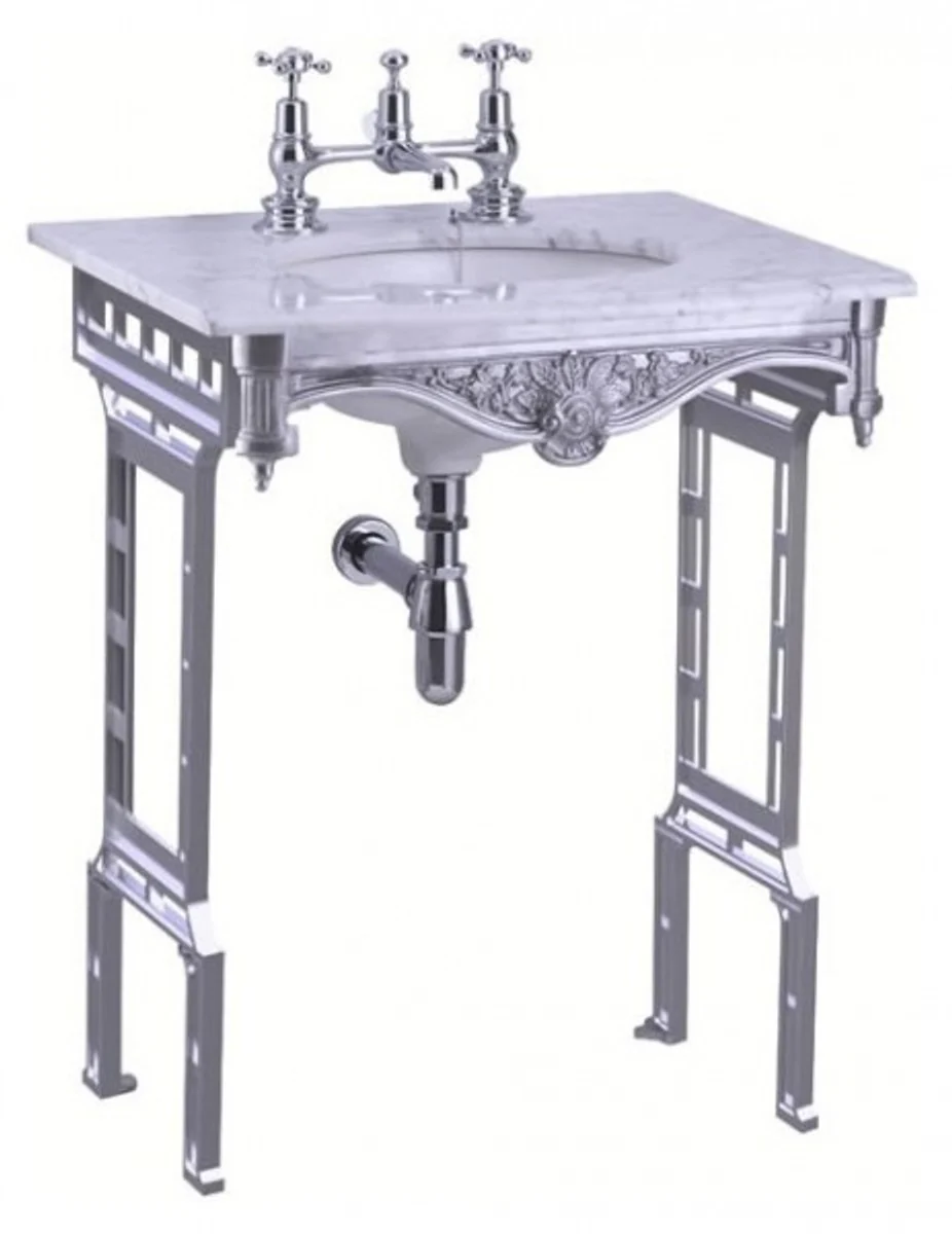 Luxus Jugendstil Stand Waschtisch Weiß / Aluminium mit Marmorplatte - Barock Waschbecken Barockstil Antik Stil