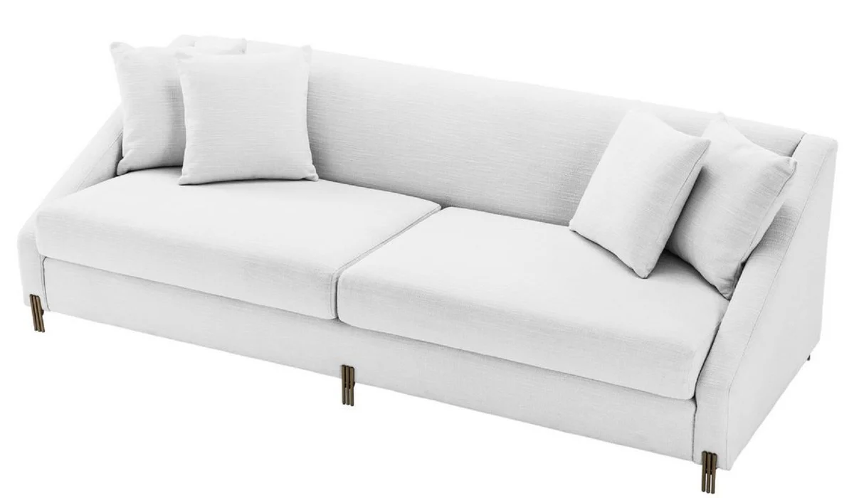 Luxus Sofa Weiß / Messingfarben 223 x 94 x H. 73 cm - Wohnzimmer Sofa mit 4 Kissen - Luxus Möbel