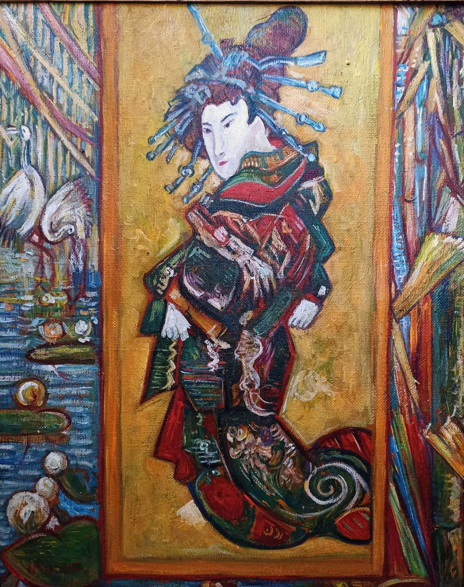 Vintage Öl Gemälde nach Vincent van Gogh Cortesan Japanese Woman 83.5 x 73.5 cm - Authentisches Antik Gemälde nach Original - Handgemalt