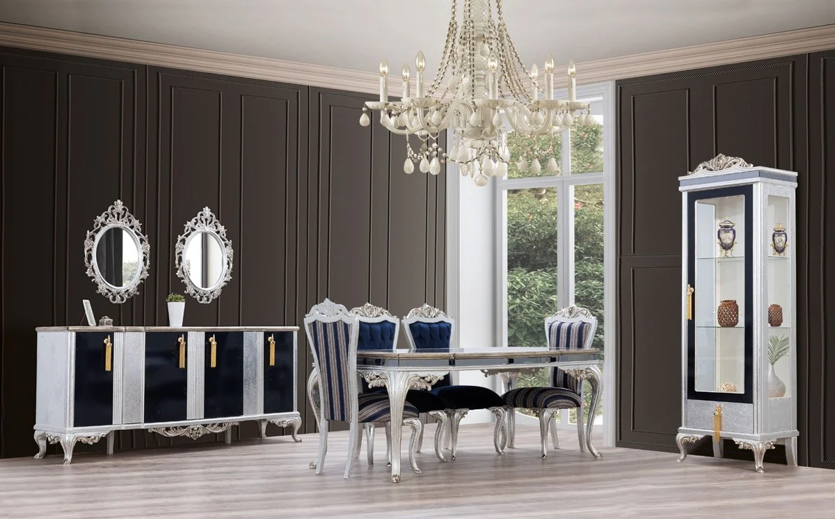 Luxus Barock Esszimmer Set Blau / Silber - 1 Esstisch & 6 Esszimmerstühle - Handgefertigte Barock Esszimmer Möbel